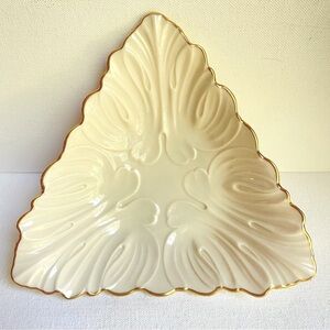 Lenox USA Triad Collection vintage triangular dish embossed leaves and gold trim